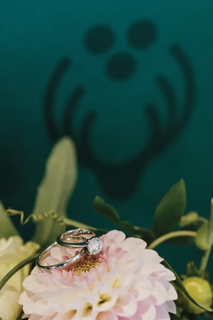Eheringe auf einer hellen Blüte im Detail mit Jagdschloss Logo
